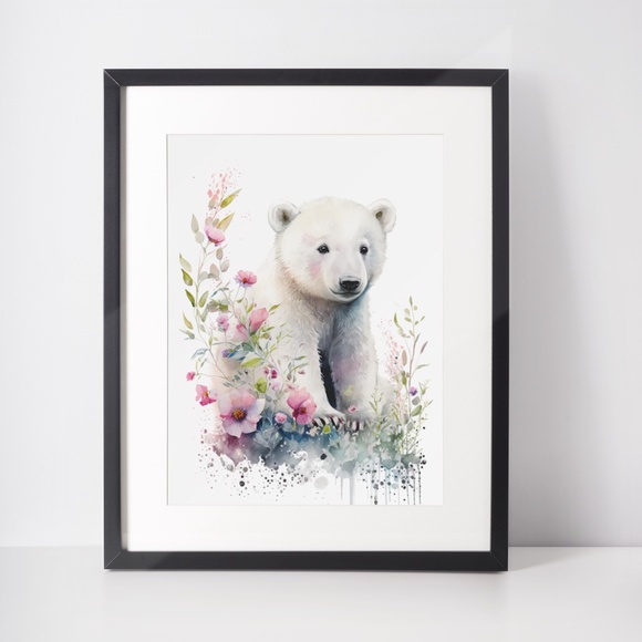Floral Polar Bear Watercolor Wall Art Illustration Print Poster Unframed - Picture 2 of 8